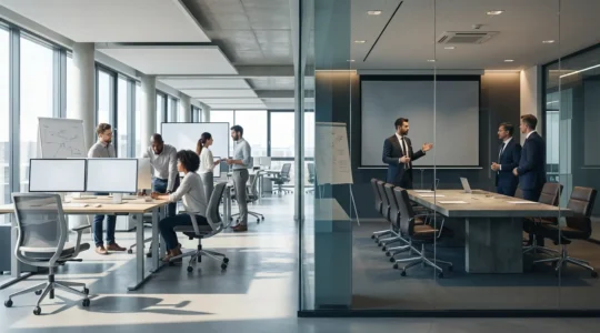 Réunion stratégique entre équipes technique et marketing sur le choix d'un CMS