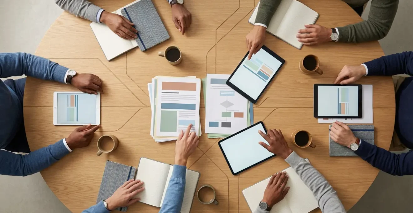 Vue plongeante d'une table de réunion moderne où des mains collaborent autour de documents stratégiques et d'écrans, symbolisant l'alignement entre équipes techniques et commerciales