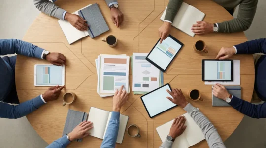 Vue plongeante d'une table de réunion moderne où des mains collaborent autour de documents stratégiques et d'écrans, symbolisant l'alignement entre équipes techniques et commerciales