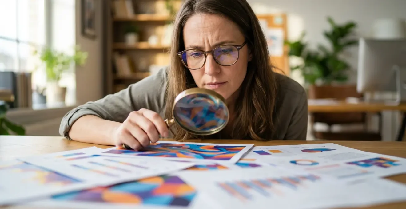Personne analysant des données avec une loupe révélant des patterns cachés dans des documents flous