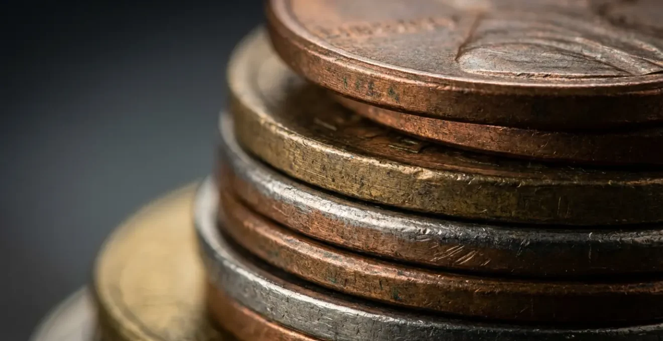 Macro photographie de pièces de monnaie empilées avec reflets dorés représentant la rentabilité marketing