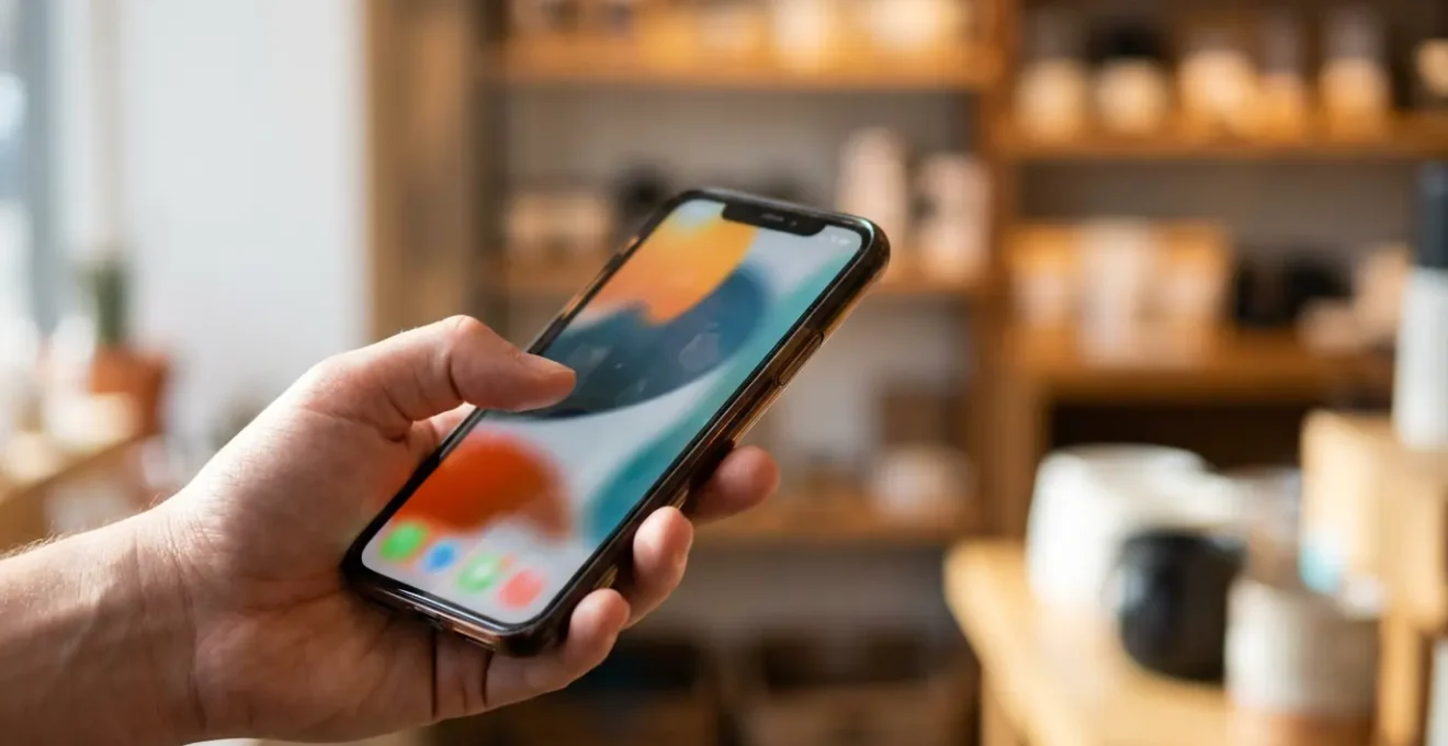 Main tenant un smartphone montrant une interface de fidélité floue dans un environnement de magasin