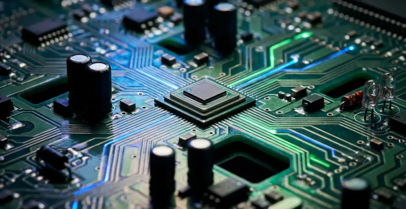 Vue macro d'un circuit imprimé avec des fils de connexion représentant l'architecture d'un site web, éclairés en lumière bleue et verte évoquant les signaux SEO