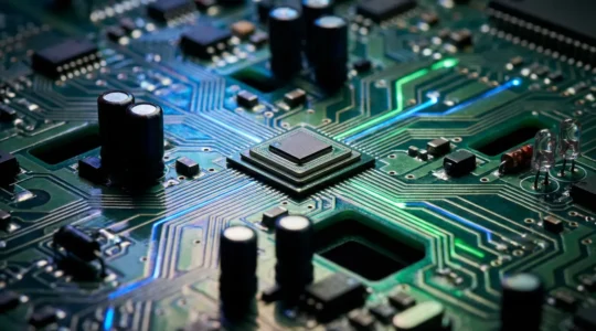 Vue macro d'un circuit imprimé avec des fils de connexion représentant l'architecture d'un site web, éclairés en lumière bleue et verte évoquant les signaux SEO