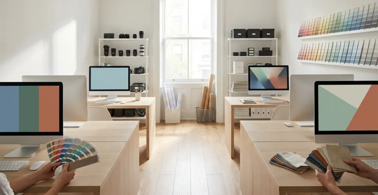 Espace de travail créatif avec écrans affichant des palettes de couleurs et des moodboards sans texte lisible