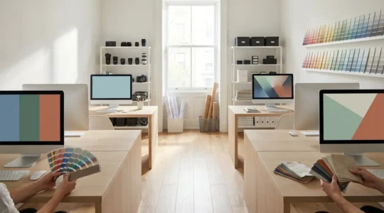 Espace de travail créatif avec écrans affichant des palettes de couleurs et des moodboards sans texte lisible