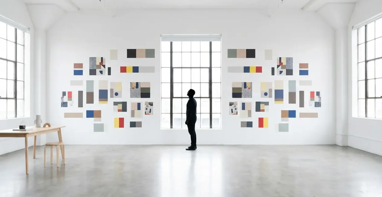 Session de brainstorming créatif avec moodboards et esquisses colorées