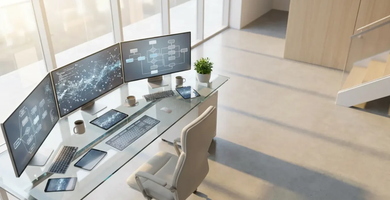 Vue en plongée d'un bureau montrant des tableaux de données marketing complexes entremêlés avec des graphiques de performance