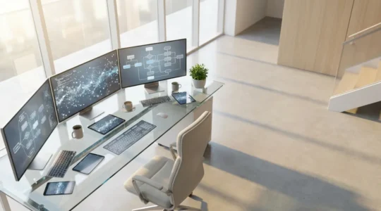 Vue en plongée d'un bureau montrant des tableaux de données marketing complexes entremêlés avec des graphiques de performance