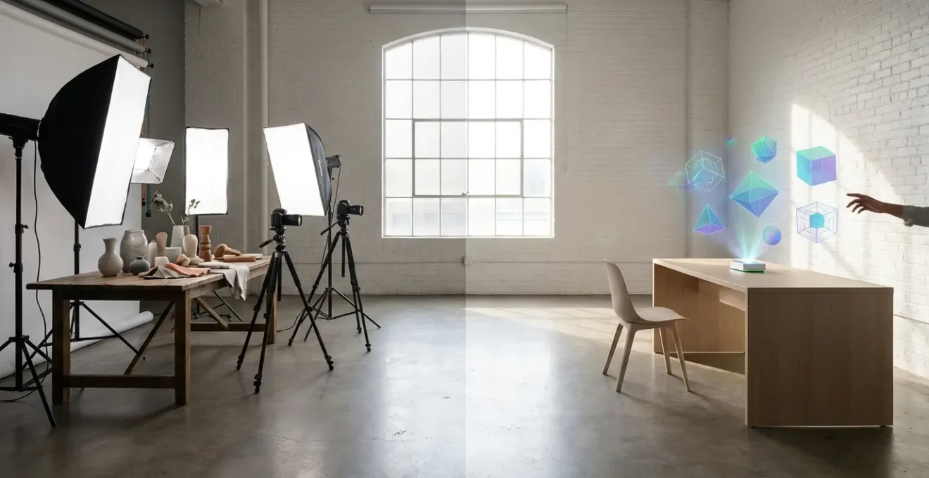 Studio virtuel 3D montrant la transformation d'un même produit sous différents angles et formats