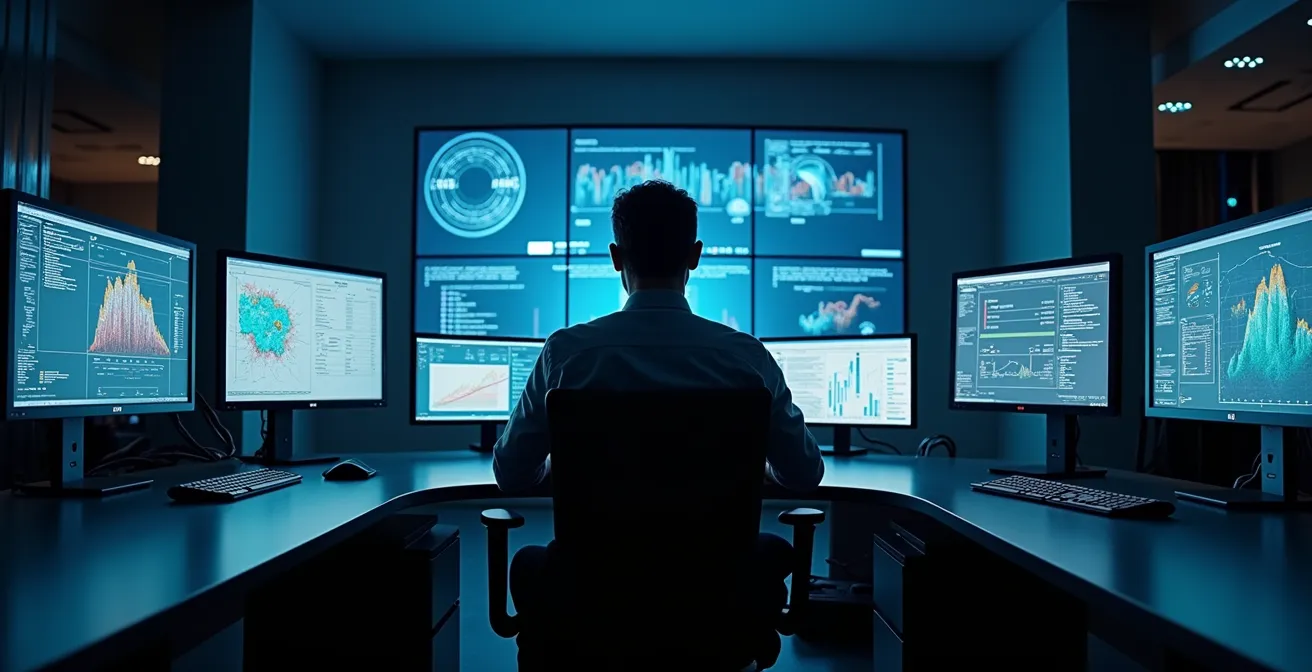 Professionnel analysant différents flux d'information sur plusieurs écrans disposés en arc