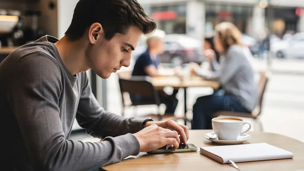Créateur de contenu travaillant sur le montage d'une vidéo TikTok depuis son smartphone dans un café