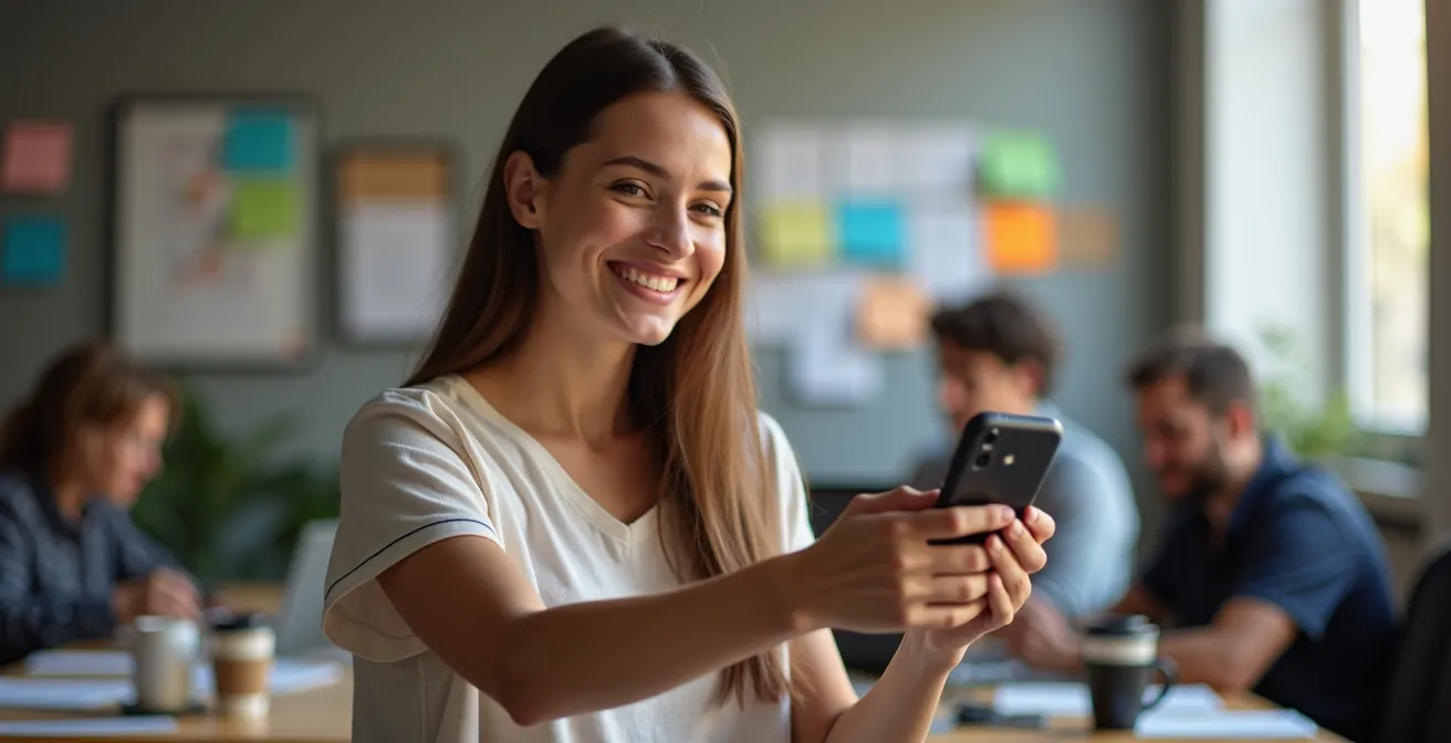 Employé filmant spontanément avec son smartphone dans un environnement de bureau décontracté