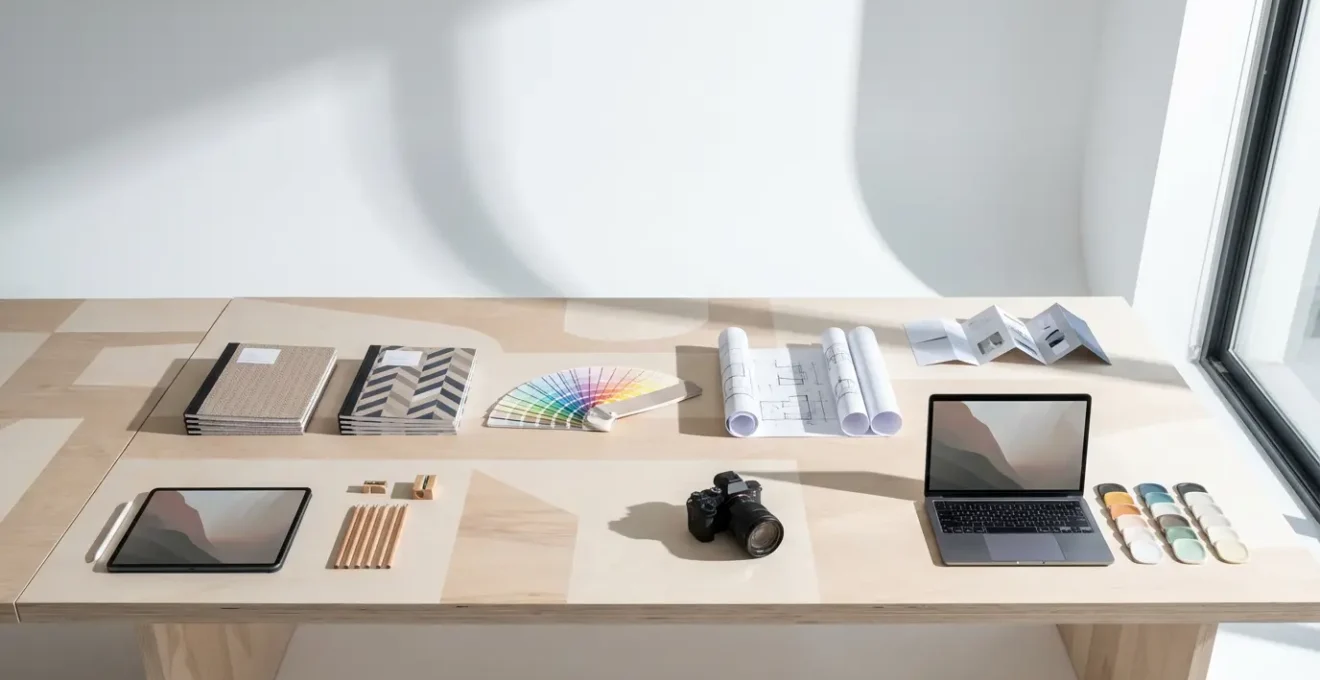 Espace de travail créatif avec moodboards colorés et palettes de couleurs harmonieuses