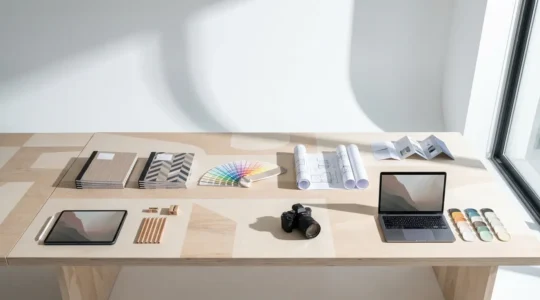Espace de travail créatif avec moodboards colorés et palettes de couleurs harmonieuses