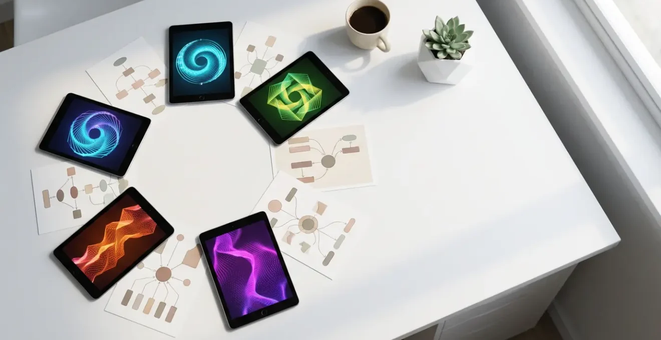 Vue aérienne d'un bureau moderne avec plusieurs tablettes et documents disposés en cercle