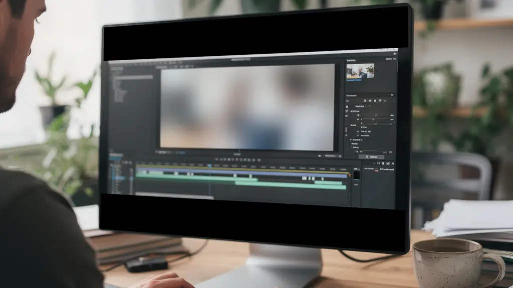 Vue par-dessus l'épaule d'une personne travaillant sur une interface de montage vidéo