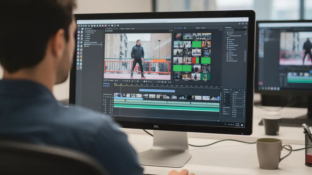 Interface de création vidéo IA avec timeline colorée visible sur écran