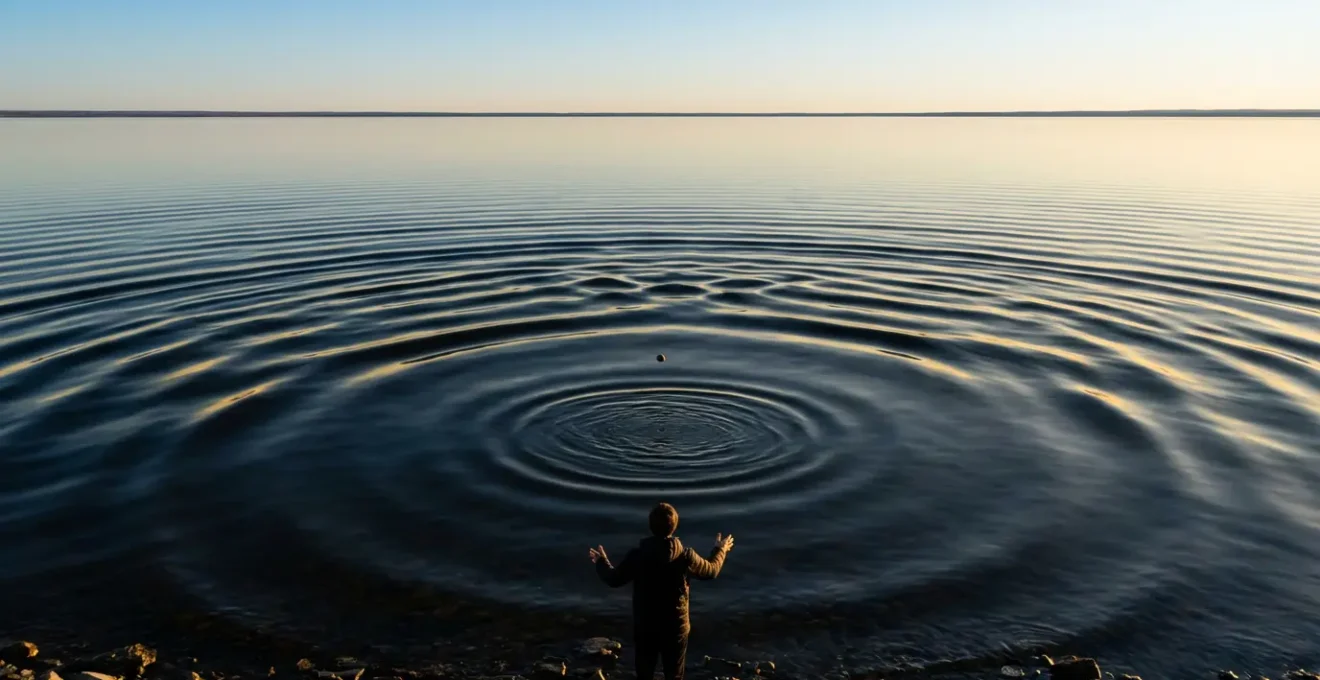 Métaphore visuelle de l'effet Streisand montrant une petite ondulation se transformer en vagues massives sous le regard d'une personne tentant de l'arrêter.