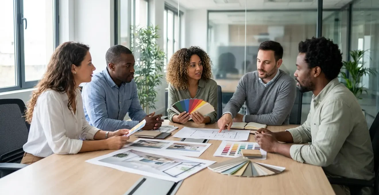 Équipe en réunion créative travaillant sur des éléments visuels colorés