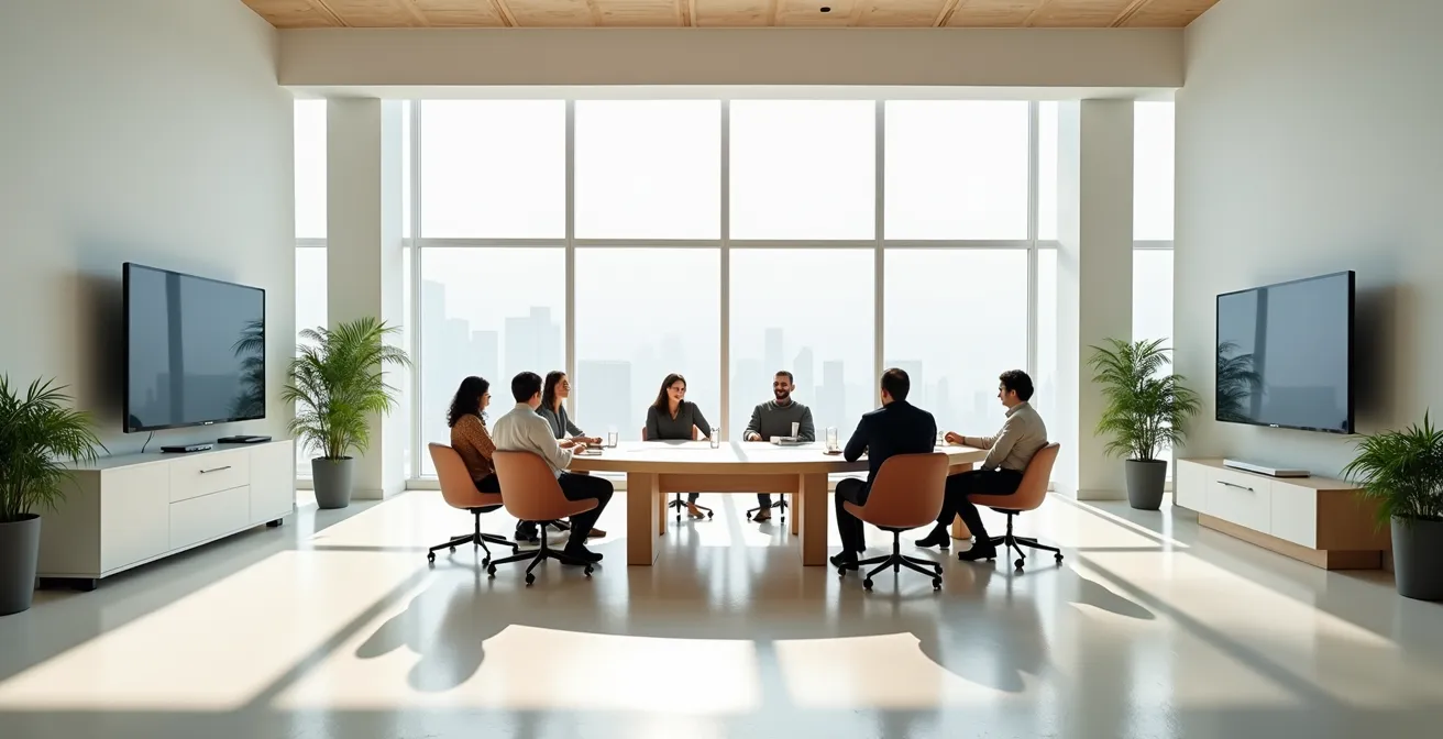 Espace de travail hybride avec professionnels en présentiel et écrans montrant des participants à distance