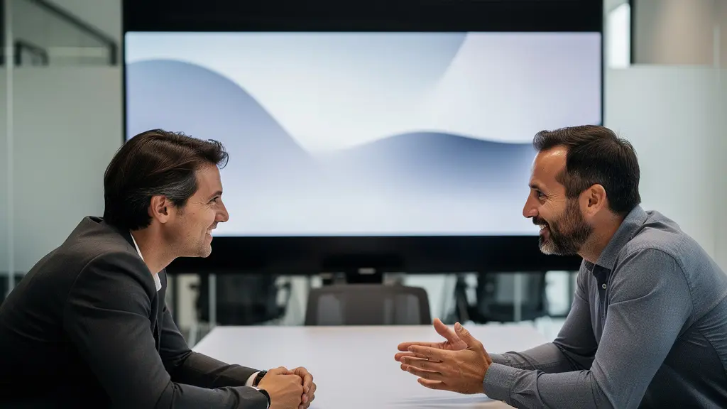 Deux collègues en réunion regardant une présentation vidéo sur écran