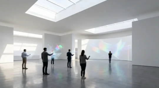 Espace moderne avec dispositifs interactifs de marketing numérique et utilisateurs engagés