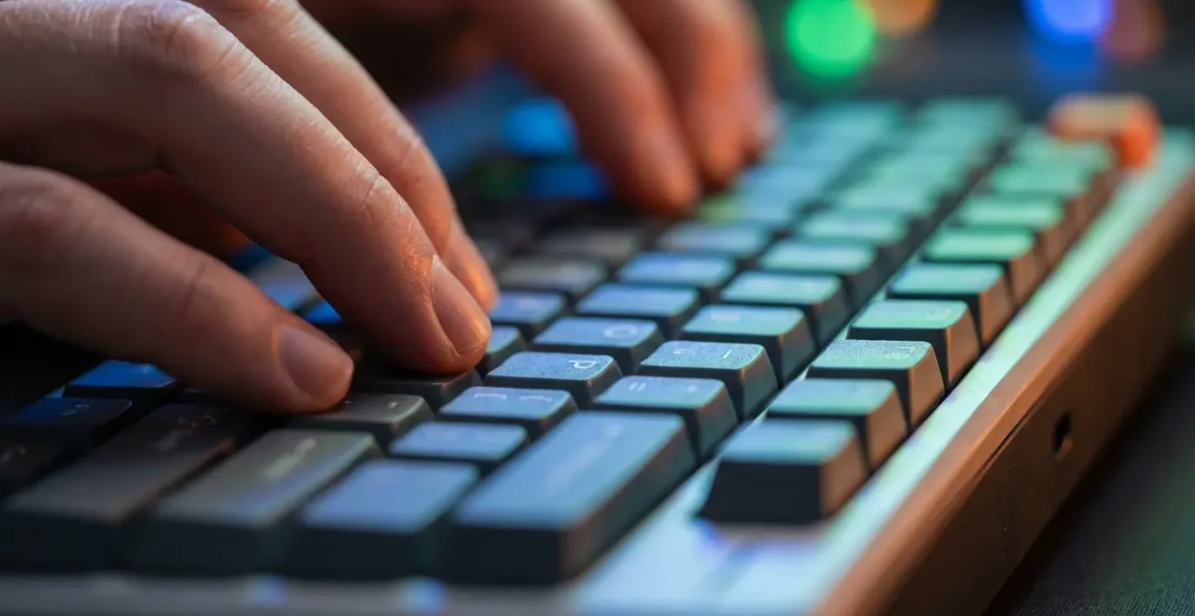 Gros plan sur des mains tapant sur un clavier moderne avec reflets de code coloré