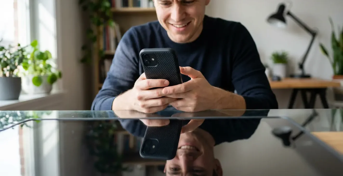 Portrait serré d'une personne utilisant un smartphone, montrant l'authenticité de la création de contenu