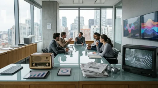 Bureau marketing moderne montrant l'intégration des médias traditionnels et digitaux