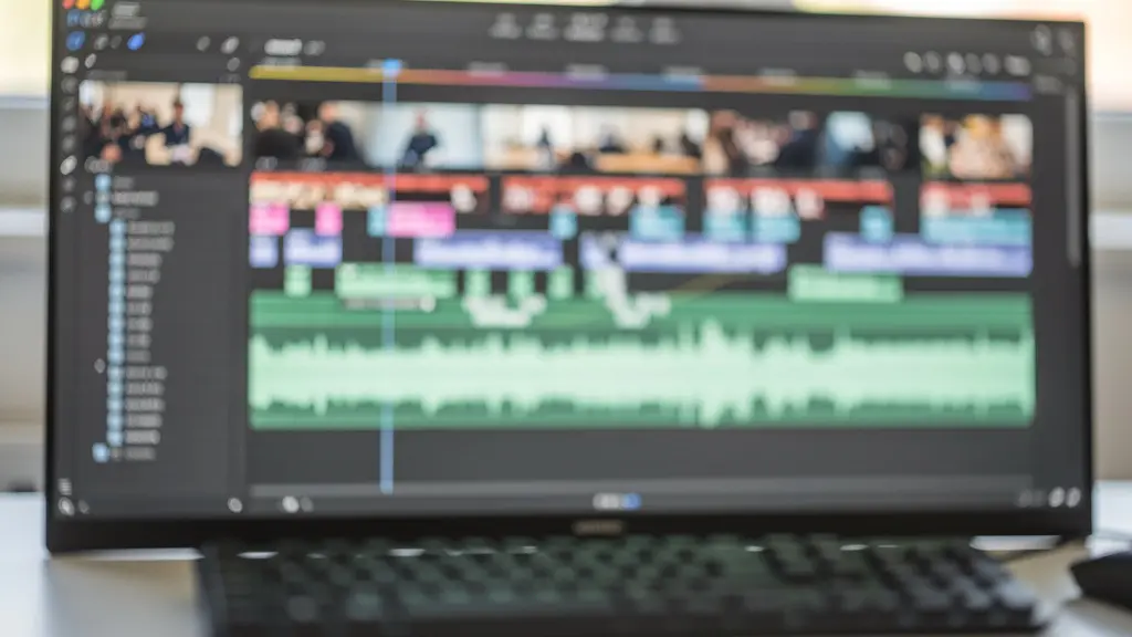 Écran d'ordinateur montrant une interface de montage vidéo avec forme d'onde audio