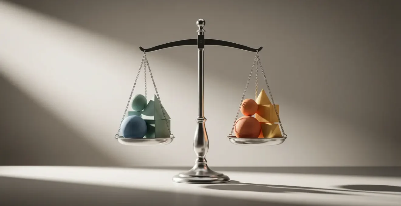 Composition symbolique avec balance équilibrant différents éléments représentant les leviers marketing