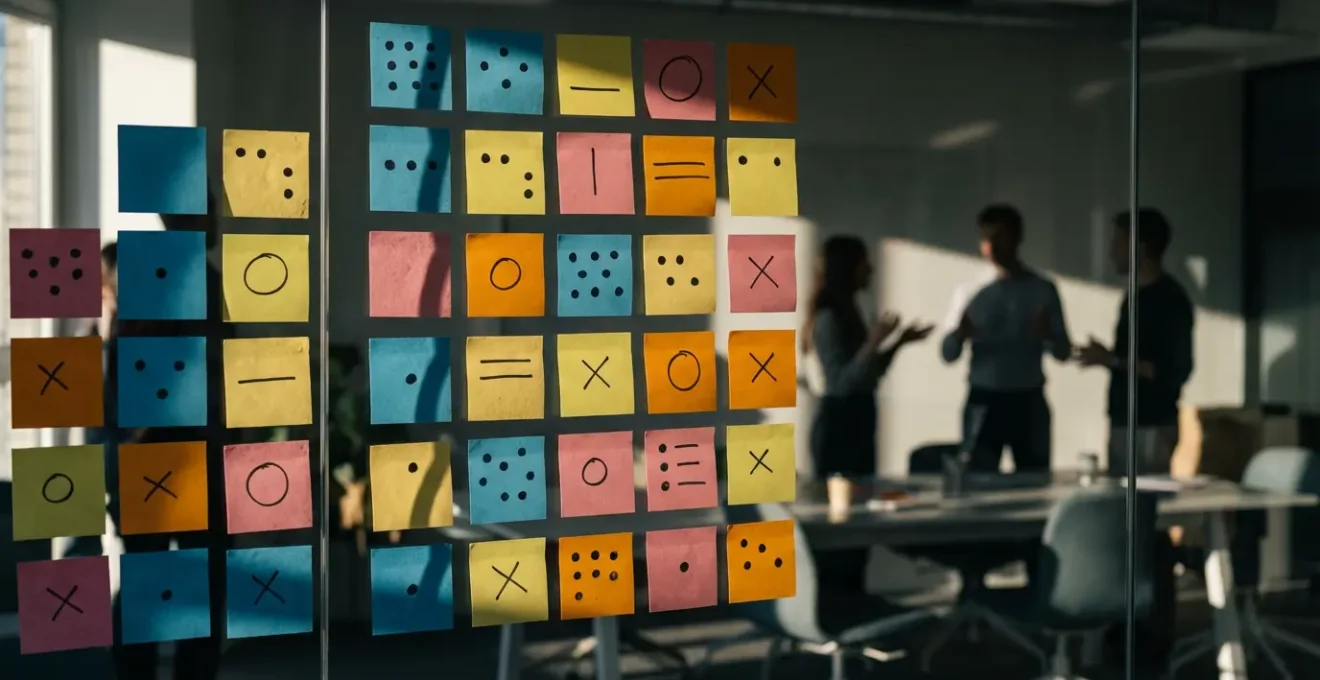 Gros plan sur un tableau blanc avec des post-its colorés organisés en matrice de priorisation, mains floues en arrière-plan suggérant une session de travail collaborative