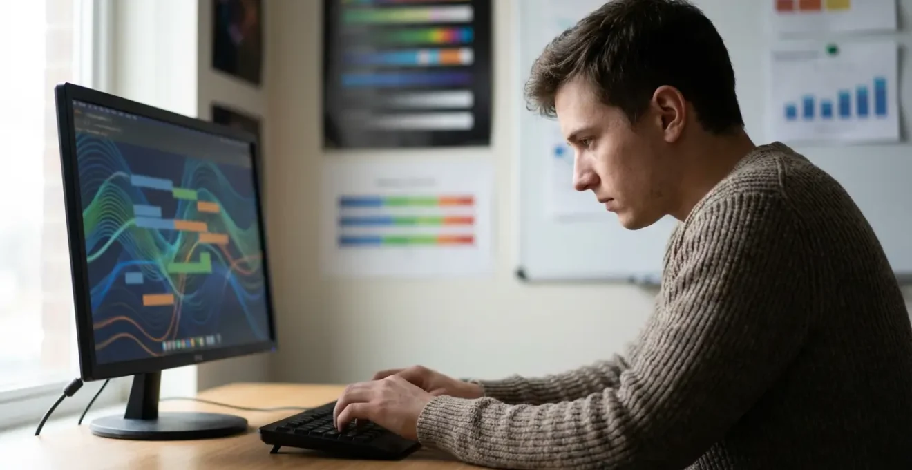Personne travaillant sur ordinateur avec graphiques de performance colorés en arrière-plan flou