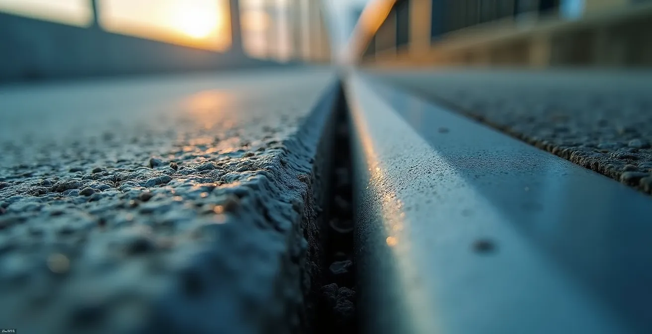 Perspective macro d'une passerelle architecturale reliant deux plateformes distinctes représentant le pivot stratégique