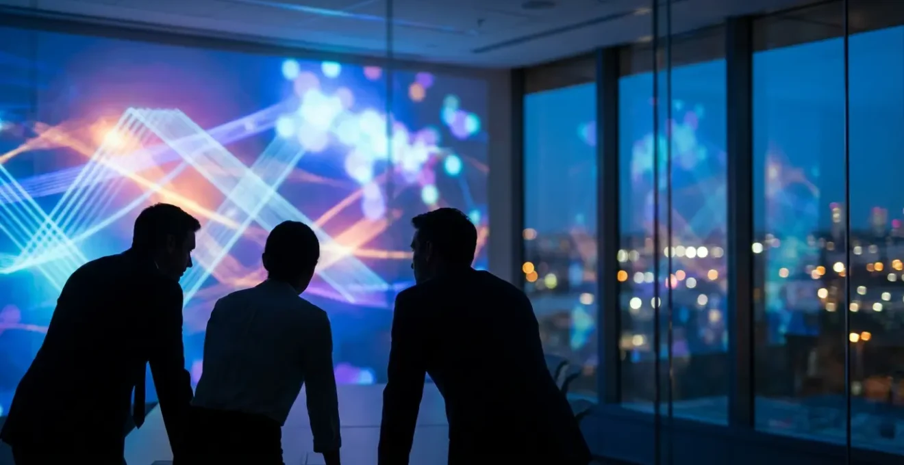 Salle de réunion moderne vue de côté avec projection abstraite de graphiques sur mur