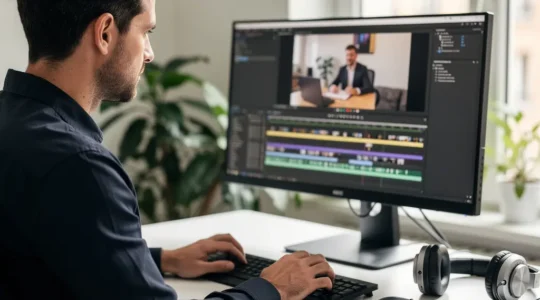 Professionnel marketing travaillant sur un montage vidéo avec casque audio sur le bureau