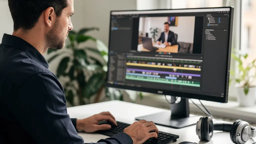 Professionnel marketing travaillant sur un montage vidéo avec casque audio sur le bureau