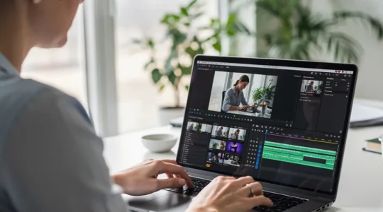 Professionnelle européenne travaillant sur un éditeur vidéo en ligne dans un bureau lumineux
