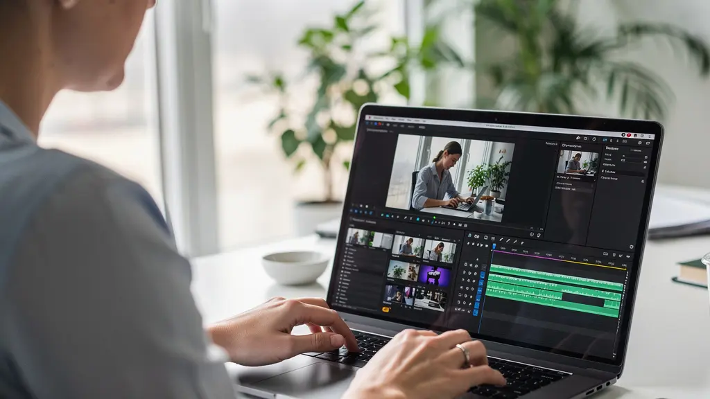 Professionnelle européenne travaillant sur un éditeur vidéo en ligne dans un bureau lumineux