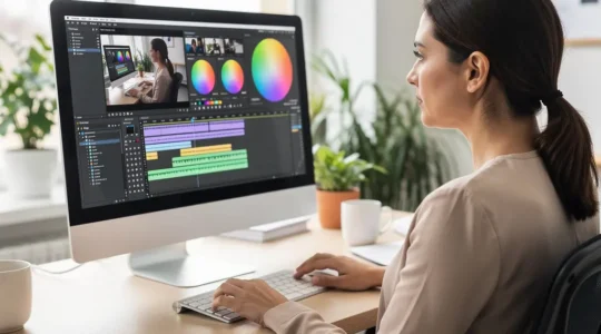 Responsable marketing consultant interface de création vidéo IA dans bureau moderne