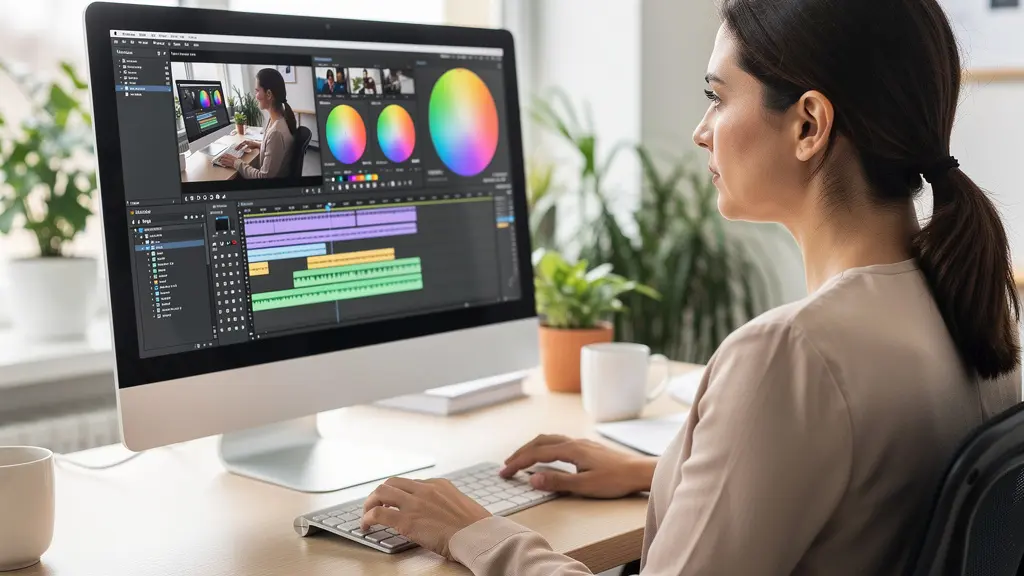 Responsable marketing consultant interface de création vidéo IA dans bureau moderne
