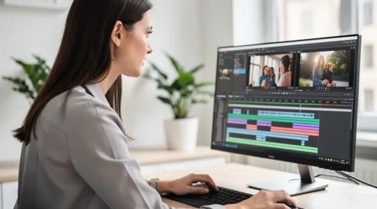 Consultante concentrée sur son écran de montage vidéo TikTok dans un bureau moderne