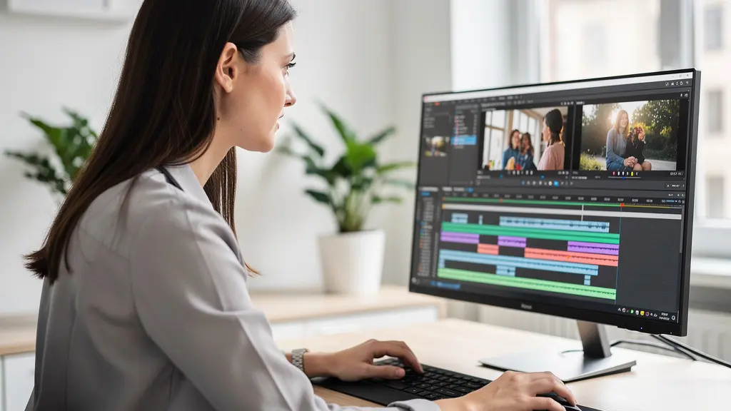 Consultante concentrée sur son écran de montage vidéo TikTok dans un bureau moderne