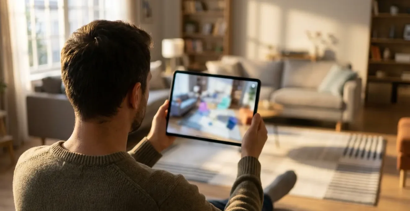 Personne utilisant la réalité augmentée pour visualiser un meuble dans son salon