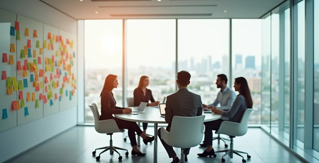 Espace de travail minimaliste avec vue large sur une séance de rétrospective d'équipe