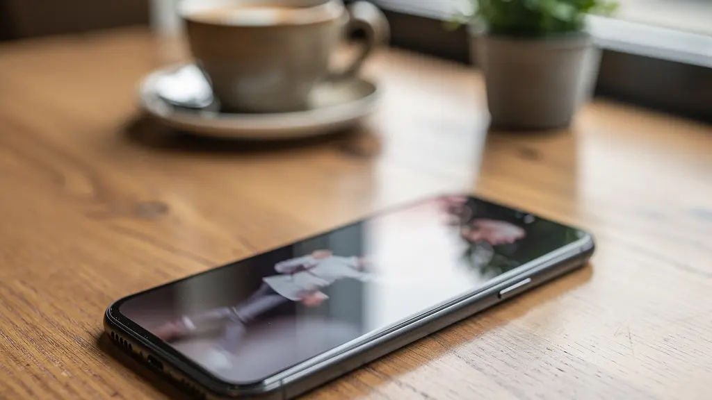 Smartphone posé sur table de café affichant une vidéo avec sous-titres automatiques
