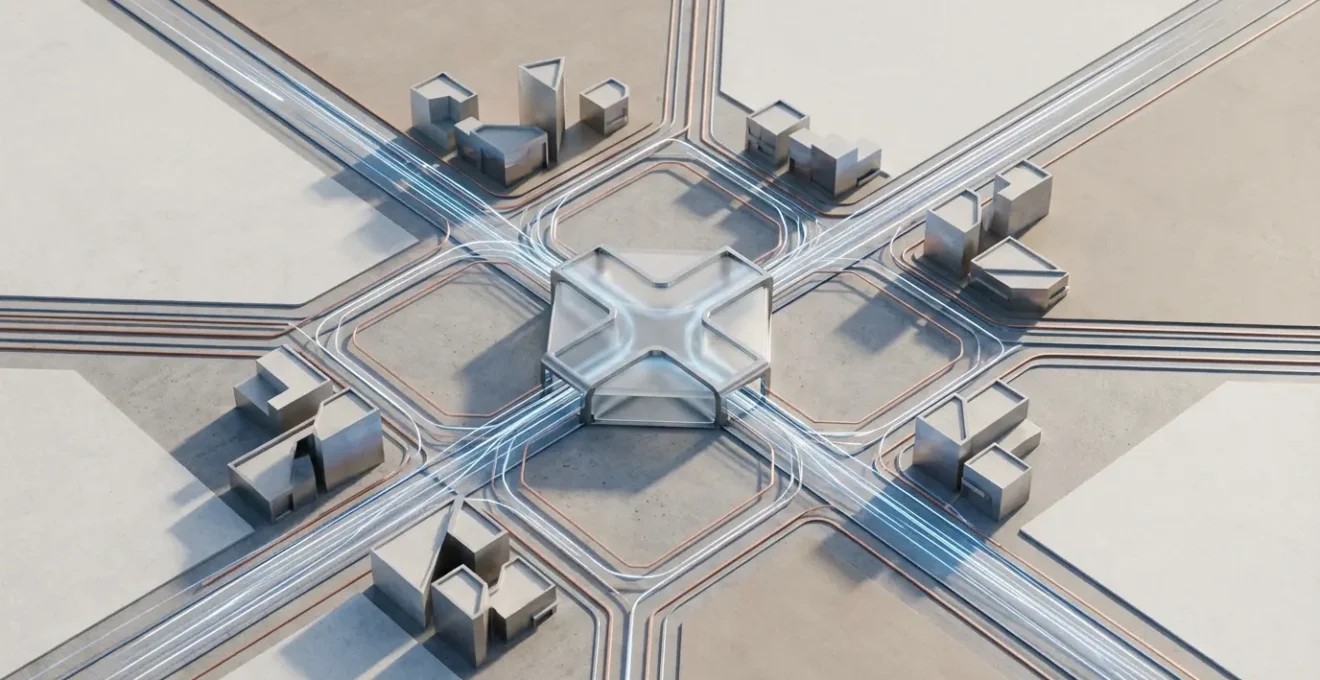 Vue aérienne d'un réseau de distribution interconnecté avec des points de vente physiques et numériques