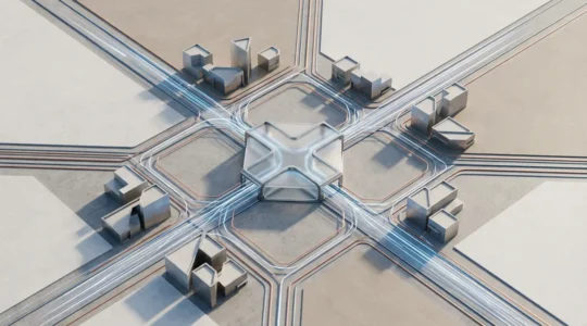 Vue aérienne d'un réseau de distribution interconnecté avec des points de vente physiques et numériques