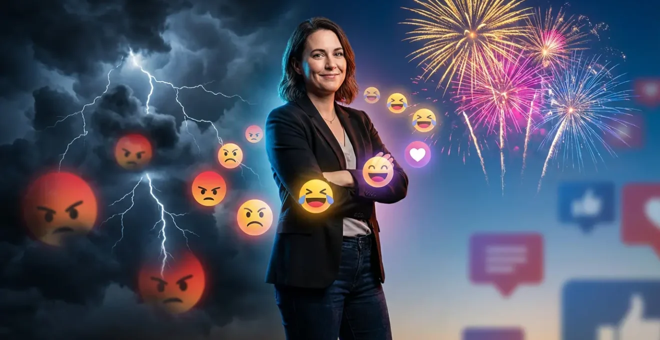 Scène métaphorique représentant la transformation d'une attaque en moment positif par l'humour sur les réseaux sociaux.